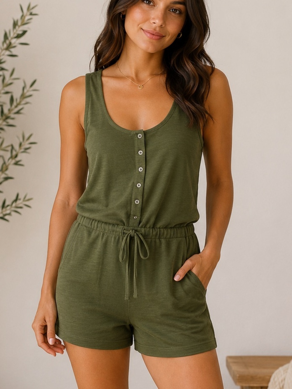 Green Sleeveless Button Down Tank Romper